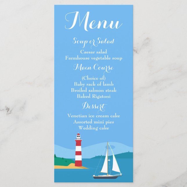 Nautical Blue Menu Sailboat-& Lighthouse Bröllop Meny (Framsida)