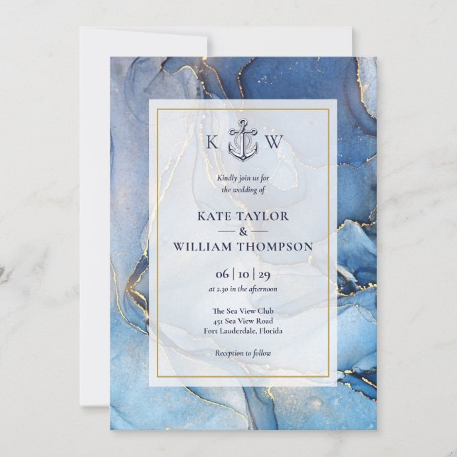Nautical Blue Och Guld Agat Monogram Bröllop  Inbjudningar (Framsida)