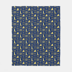 Nautical Blue och Guld Rope Anchor Lighthouse Fleecefilt