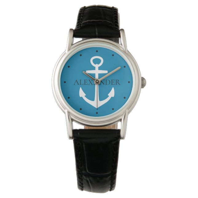 Nautical Blue och White Anchor Personlig Armbandsur (Framsida)