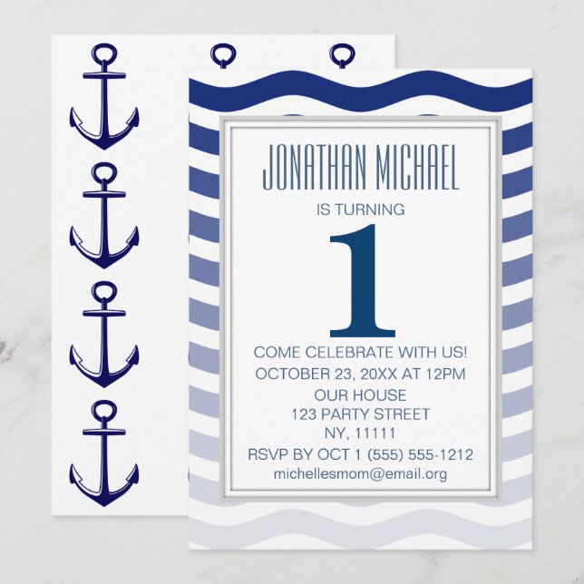 Nautical Blue Ombre Wave Anchor First Birthday Inbjudningar (Fram/baksida)