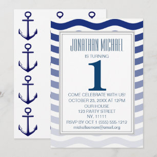 Nautical Blue Ombre Wave Anchor First Birthday Inbjudningar