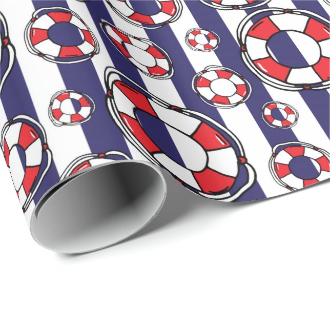 Nautical Blue Rand Livbouy Seaside Mönster Presentpapper (Rullad Hörn)