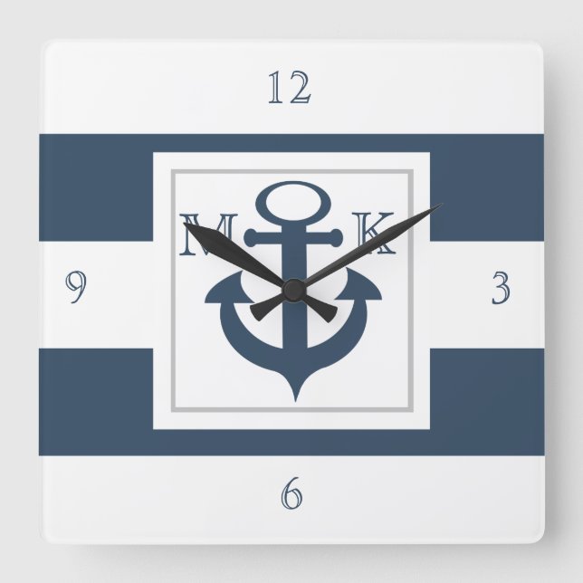 Nautical Blue Rand och Anchor med Monogram Fyrkantig Klocka (Framsida)