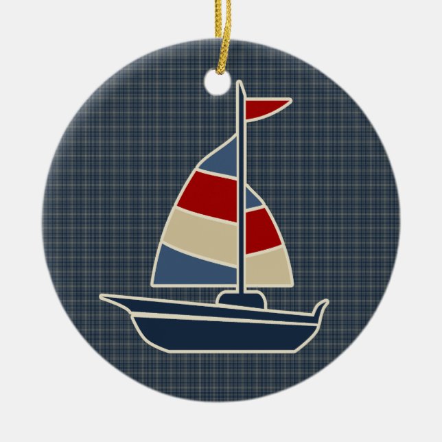 Nautical Blue, Red, Cream Sailboat-Anpassningsbar Julgransprydnad Keramik (Framsidan)