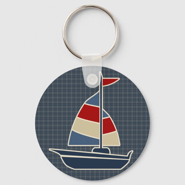 Nautical Blue, Red, Cream Sailboat-Anpassningsbar Nyckelring (Framsida)