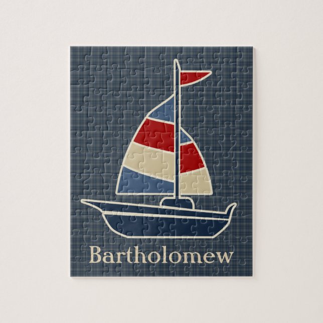 Nautical Blue, Red, Cream Sailboat-Anpassningsbar Pussel (Vertikal)