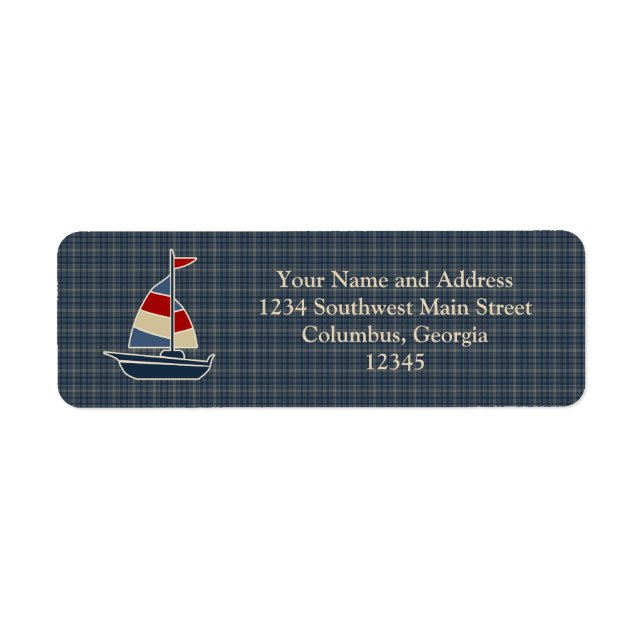 Nautical Blue, Red, Cream Sailboat-Anpassningsbar Returadress Etikett (Framsidan)