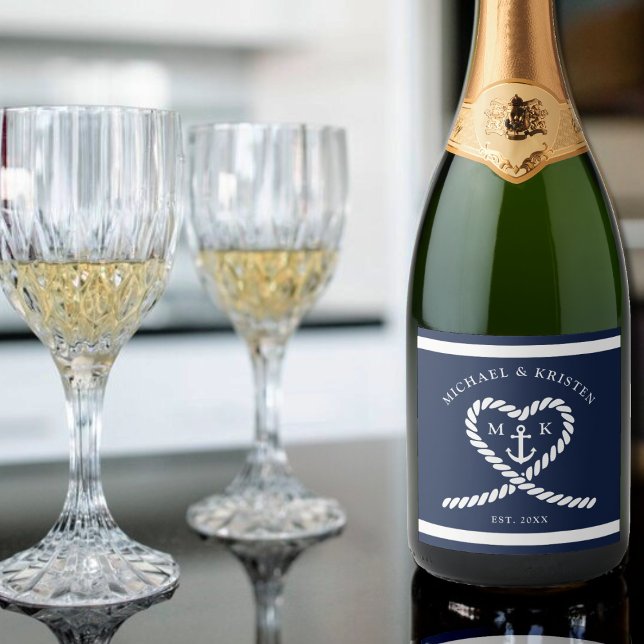 Nautical Blue Rope Heart Anchor Monogram Bröllop (Nautical Blue Rope Heart Anchor Monogram Wedding Sparkling Wine Label)