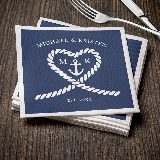 Nautical Blue Rope Heart Anchor Monogram Bröllop Pappersservett (Nautical Blue Rope Heart Anchor Monogram Wedding Napkins
)