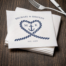 Nautical Blue Rope Heart Anchor Monogram Bröllop Pappersservett
