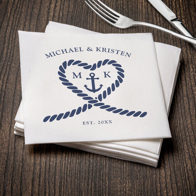 Nautical Blue Rope Heart Anchor Monogram Bröllop Pappersservett (Nautical Blue Rope Heart Anchor Monogram Wedding Napkins
)
