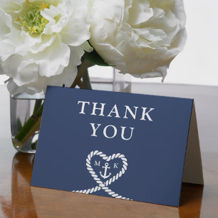 Nautical Blue Rope Heart Anchor Monogram Bröllop Tack Kort