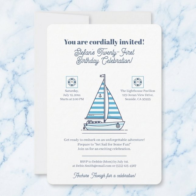 Nautical Blue Sailboat Birthday Party Invitation Inbjudningar (Gather your crew for some waterfront fun.)