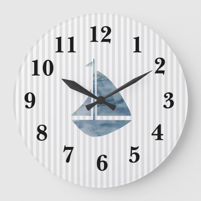 Nautical Blue Sailboat-Rand Preppy Large Clock Stor Klocka (Framsida)