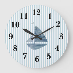 Nautical Blue Sailboat-Rand Preppy Large Clock Stor Klocka