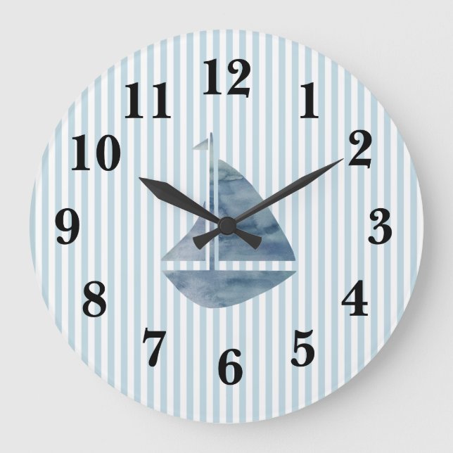 Nautical Blue Sailboat-Rand Preppy Large Clock Stor Klocka (Framsida)