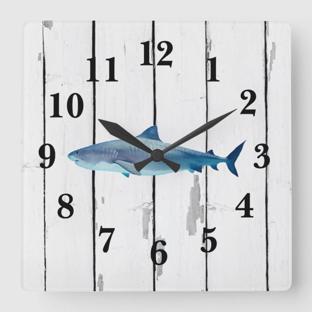 Nautical Blue Shark Shiplap Rustic Decor Fyrkantig Klocka (Framsida)