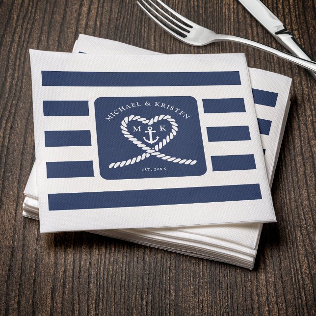 Nautical Blue Stripe Heart Anchor Bröllop Pappersservett (Nautical Blue Striped Heart Anchor Wedding Napkins
)