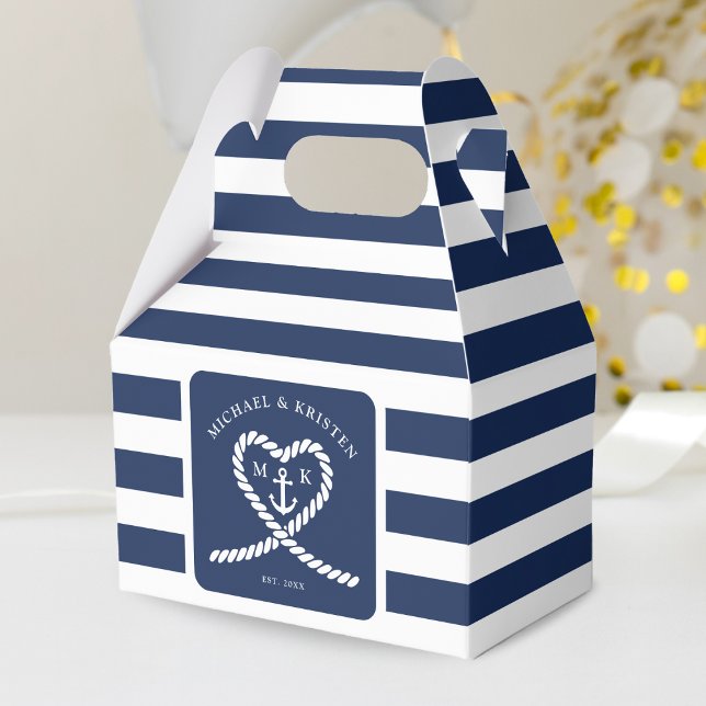 Nautical Blue Stripe Heart Anchor Bröllop Presentaskar (Nautical Blue and White Rope Heart Anchor Striped Monogram Wedding Favor Box)