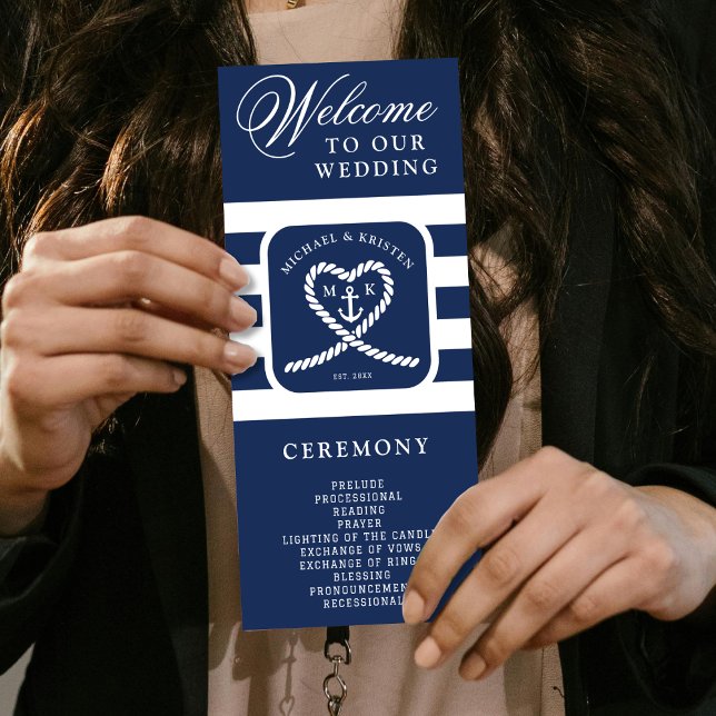Nautical Blue Stripe Heart Anchor Bröllop Program (Nautical Blue Striped Heart Anchor Wedding Program
)