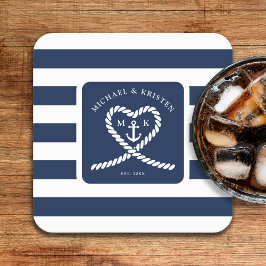 Nautical Blue Stripe Heart Anchor Bröllop Underlägg Papper Kvadrat