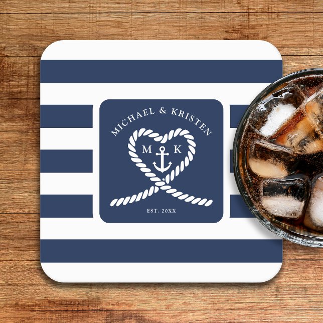 Nautical Blue Stripe Heart Anchor Bröllop Underlägg Papper Kvadrat (Nautical Blue Striped Heart Anchor Wedding Square Paper Coaster
)