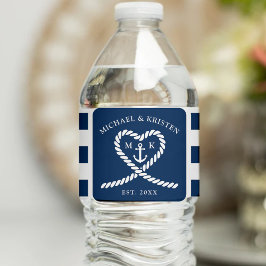 Nautical Blue Stripe Heart Anchor Bröllop Vattenflaskor Etikett