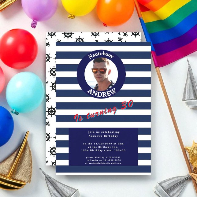 Nautical Blue Stripe Photo Birthday-inbjudan Inbjudningar (Skapare uppladdad)