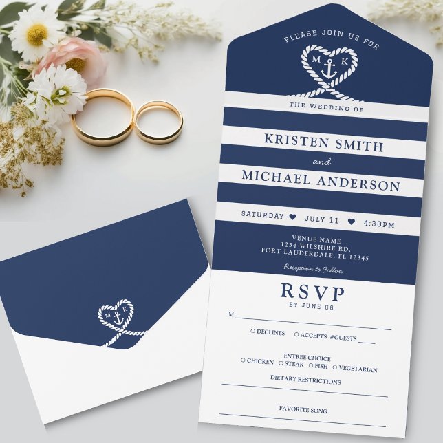 Nautical Blue Stripe Rope Heart Anchor Bröllop (Nautical Blue Striped Rope Heart Anchor Wedding All In One Invitation)
