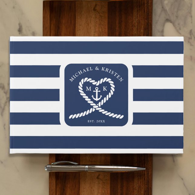 Nautical Blue Stripe Rope Heart Anchor Bröllop Gästböcker (Nautical Blue Striped Rope Heart Anchor Wedding Guest Book
)