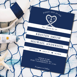 Nautical Blue Stripe Rope Heart Anchor Bröllop Inbjudningar
