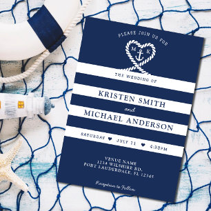 Nautical Blue Stripe Rope Heart Anchor Bröllop Inbjudningar