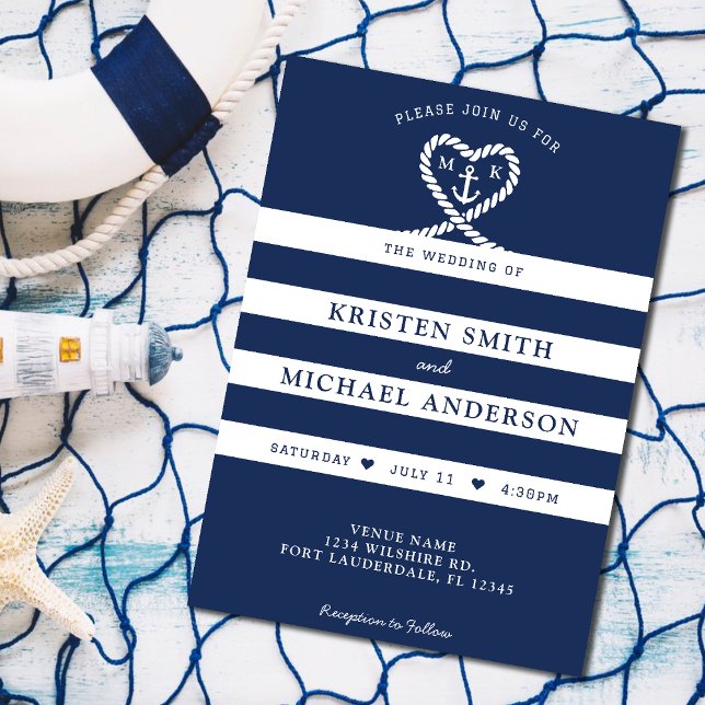 Nautical Blue Stripe Rope Heart Anchor Bröllop Inbjudningar (Nautical Blue Striped Rope Heart Anchor Wedding Invitation)