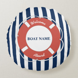 Nautical Blue Stripe Välkommen Aboard Namn Rund Kudde