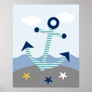 Nautical Blue Teal Grått Anchor Nursery Art Skriv  Poster