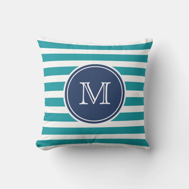 Nautical Blue Teal Rand Monogram Dekorativ kudde (Framsida)