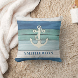 Nautical Blue Turquoise Vit Ankare Ocean Strand Kudde