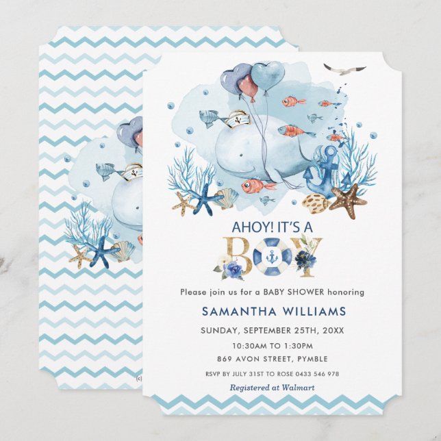 Nautical Blue Whale Ahoy Det är en pojkvän-babysko Inbjudningar (Fram/baksida)