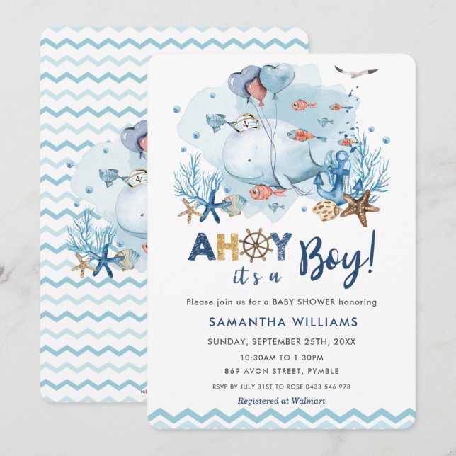 Nautical Blue Whale Ahoy Det är en pojkvän-babysko Inbjudningar (Fram/baksida)
