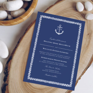 Nautical Blue White Anchor Monogram Bröllop Inbjudningar
