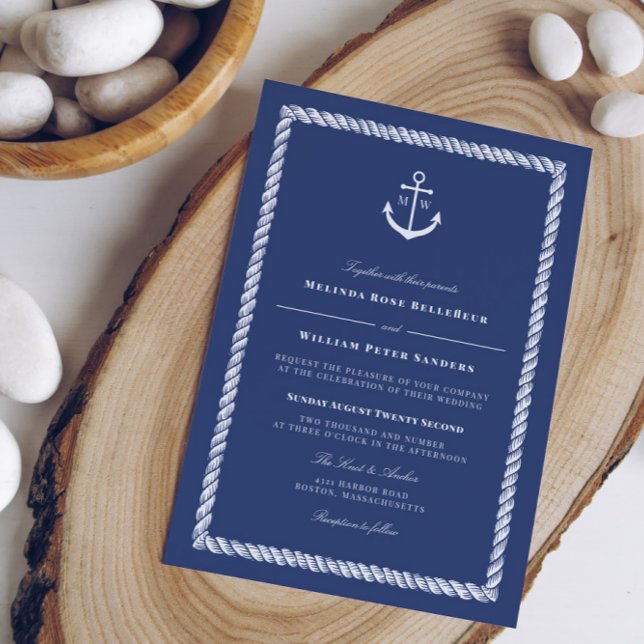 Nautical Blue White Anchor Monogram Bröllop Inbjudningar (Skapare uppladdad)