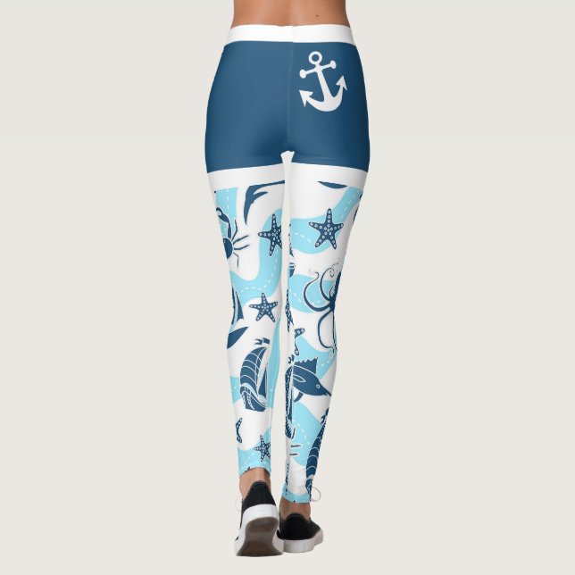 Nautical Blue White Anchor Sailboat Sea Life Beach Leggings (Baksida)