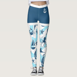 Nautical Blue White Anchor Sailboat Sea Life Beach Leggings
