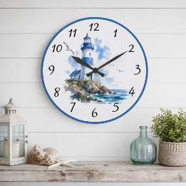 Nautical Blue White Fyrtorn Stor Klocka