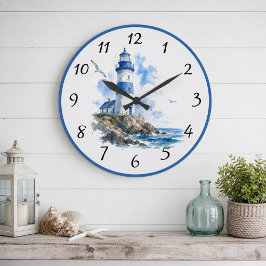 Nautical Blue White Fyrtorn Stor Klocka