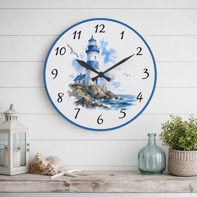 Nautical Blue White Fyrtorn  Stor Klocka (Skapare uppladdad)
