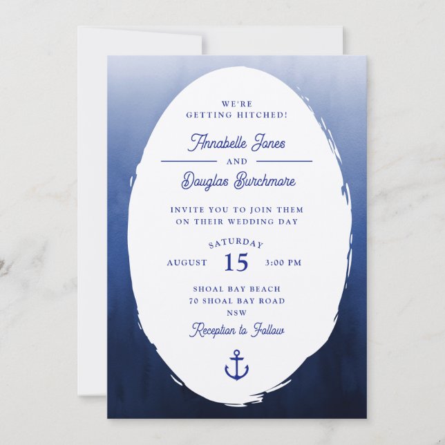 Nautical Blue White Oval Watercolor Bröllop Inbjudningar (Framsida)