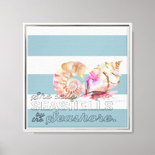 Nautical Blue White Rand Rosa Guld Snäcka Canvastryck