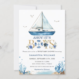 Nautical Boat Ahoy Det är Boys Triplet Baby Shower Inbjudningar